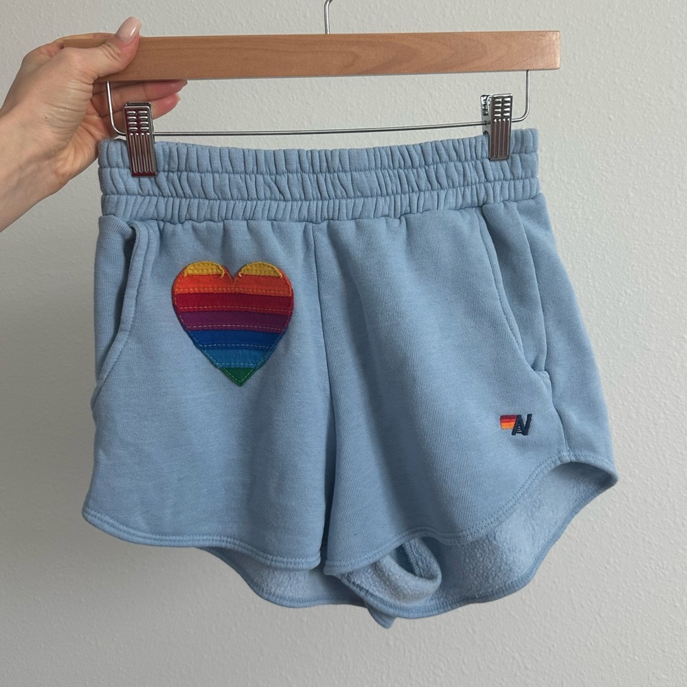 Aviator Nation Light Blue Shorts with Rainbow Heart